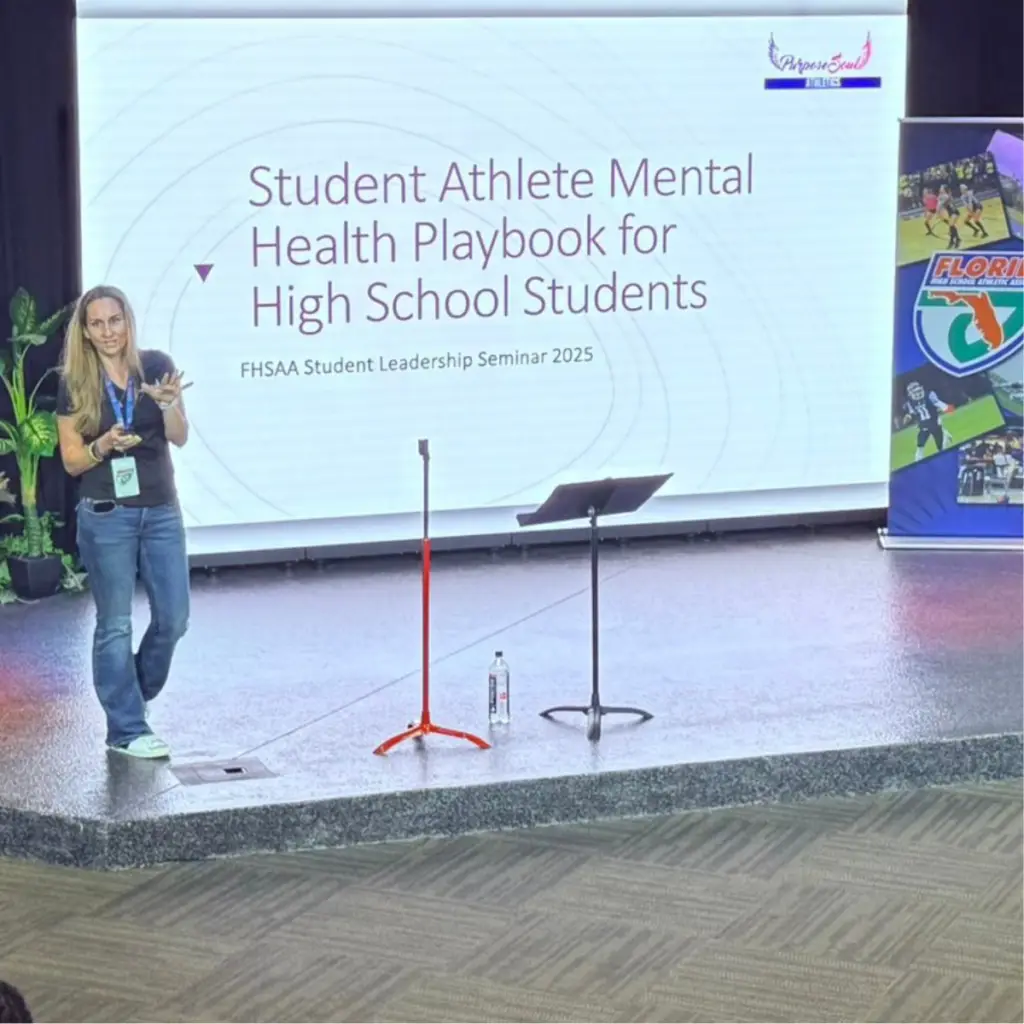 Athlete Mental Health Mental Performance Speaker - Misty speaking at Florida High School Athletic Association Student Athlete Leadership Seminar 2025